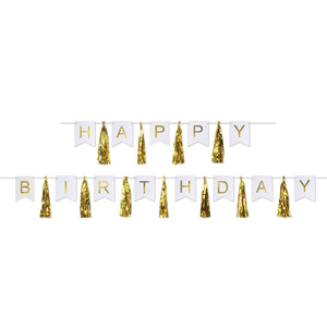 Happy Birthday Party Tassel Streamer- Gold and White - Bulk 12 Pack