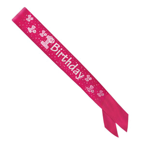 1st Birthday Satin Sash - pink - Bulk 6 Pack