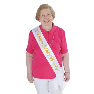 Bulk Glittered Happy 80th Birthday Satin Sash (Case of 6) by Beistle