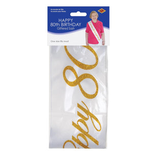 Bulk Glittered Happy 80th Birthday Satin Sash (Case of 6) by Beistle