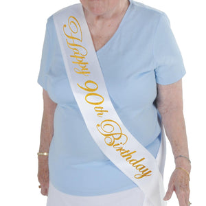 Bulk Glittered Happy 90th Birthday Satin Sash (Case of 6) by Beistle