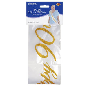 Bulk Glittered Happy 90th Birthday Satin Sash (Case of 6) by Beistle