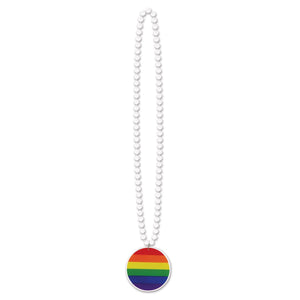 Bead Necklace with Printed Rainbow Party Medallion - Bulk 12 Pack