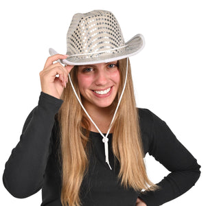 Beistle Sequined Cowboy Hat in Silver - Western Fabric Hat