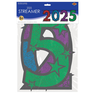 Beistle 2025 Streamer multi-color; glitter print - 15 Inch New Years Multi-Color Streamer