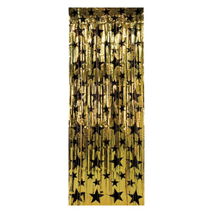 1-Ply Gleam 'N Party Curtain - gold with prtd black stars - Bulk 6 Pack