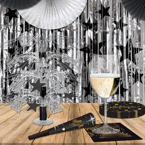 1-Ply Gleam 'N Party Curtain - Silver with Black Stars