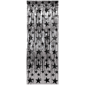 1-Ply Gleam 'N Party Curtain - Silver with Black Stars - Bulk 6 Pack