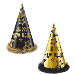 Happy New Year Party Hats Black and Gold - Bulk 25 Pack