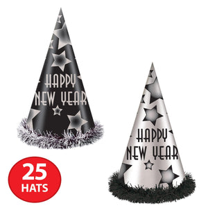 Beistle Happy New Year Party Hats Black and Silver (25 per Box)