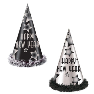 Happy New Year Party Hats Black and Silver - Bulk 25 Pack