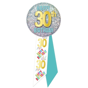 30th Birthday Rosette- Blue, White and Glitter - Bulk 6 Pack