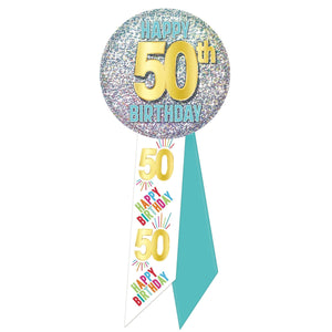 50th Birthday Rosette- Blue, White, and Glitter - Bulk 6 Pack