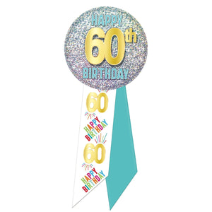 60th Birthday Rosette- Blue, White and Glitter - Bulk 6 Pack