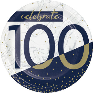 Bulk Pack of 24 Navy & Gold Milestone Paper Dessert Plate "100"