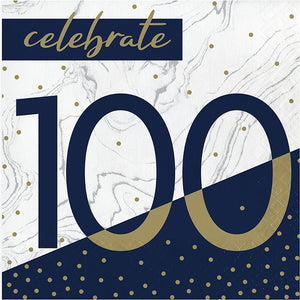 Bulk Pack of 32 Navy & Gold Milestone Luncheon Napkin "100"