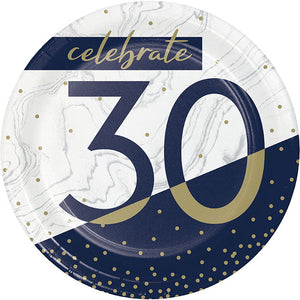 Bulk Pack of 24 Navy & Gold Milestone "30" Paper Dessert Plate