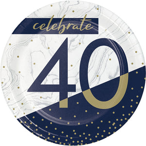 Bulk Pack of 24 Navy & Gold Milestone "40" Paper Dessert Plate