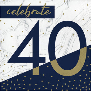 Bulk Pack of 32 Navy & Gold Milestone "40" Luncheon Napkin