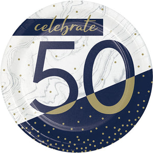 Bulk Pack of 24 Navy & Gold Milestone "50" Paper Dessert Plate