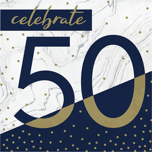 Bulk Pack of 32 Navy & Gold Milestone "50" Luncheon Napkin