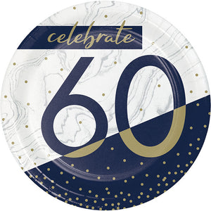 Bulk Pack of 24 Navy & Gold Milestone "60" Paper Dessert Plate