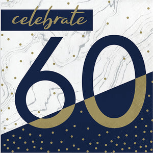 Bulk Pack of 32 Navy & Gold Milestone "60" Luncheon Napkin