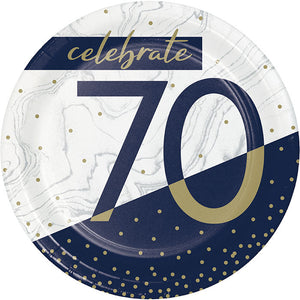 Bulk Pack of 24 Navy & Gold Milestone "70" Paper Dessert Plate