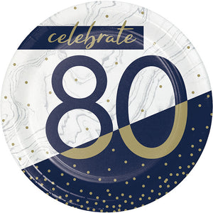 Bulk Pack of 24 Navy & Gold Milestone "80" Paper Dessert Plate