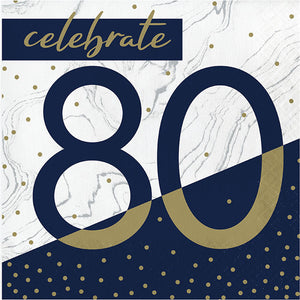 Bulk Pack of 32 Navy & Gold Milestone "80" Luncheon Napkin