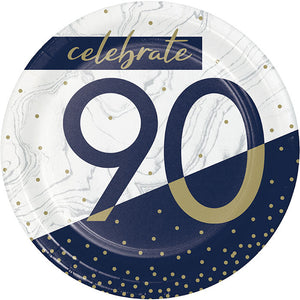 Bulk Pack of 24 Navy & Gold Milestone "90" Paper Dessert Plate