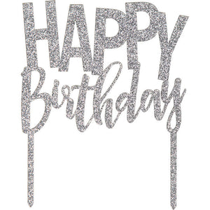 12ct Bulk Silver Happy Birthday Cake Toppers