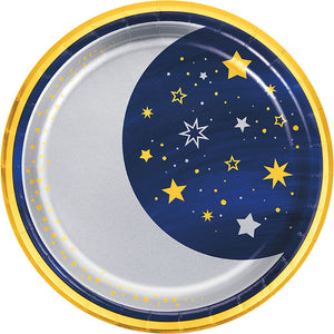 Bulk Pack of 16 Starry Night Dinner Paper/Foil Plate, Moon