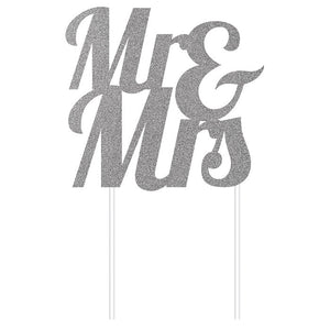 Bulk Pack of 2 Silver Glitter Mr & Mrs Cake Topper