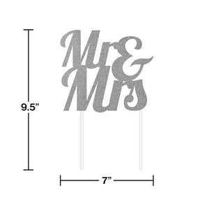 Bulk Pack of 2 Silver Glitter Mr & Mrs Cake Topper