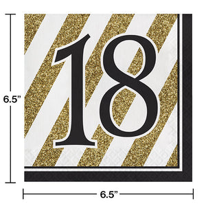 Bulk Pack of 32 Black & Gold 18th Birthday Napkins