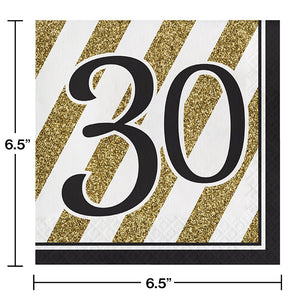 Bulk Pack of 32 Black & Gold 30th Birthday Napkins