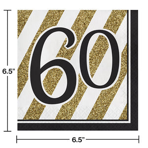 Bulk Pack of 32 Black & Gold 60th Birthday Napkins