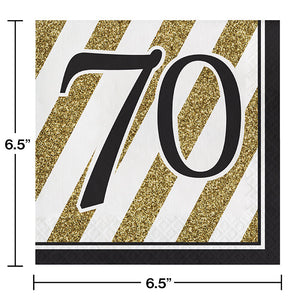 Bulk Pack of 32 Black & Gold 70th Birthday Napkins