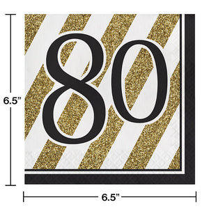 Bulk Pack of 32 Black & Gold 80th Birthday Napkins