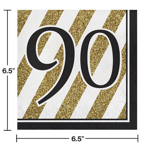 Bulk Pack of 32 Black & Gold 90th Birthday Napkins