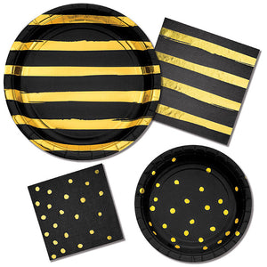 Bulk Pack of 16 Black & Gold Foil Striped Paper Plates