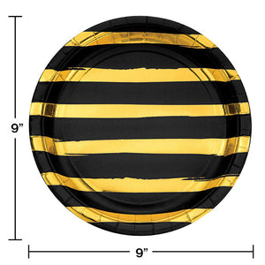 Bulk Pack of 16 Black & Gold Foil Striped Paper Plates