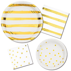 Bulk Pack of 16 White & Gold Foil Striped Paper Plates