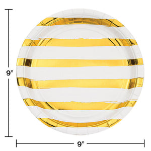 Bulk Pack of 16 White & Gold Foil Striped Paper Plates