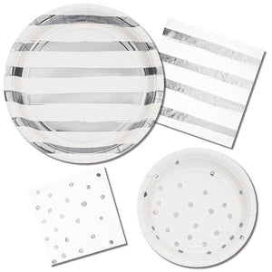 Bulk Pack of 16 White & Silver Foil Striped Paper Plates