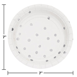 Bulk Pack of 16 White & Silver Foil Dot Dessert Plates