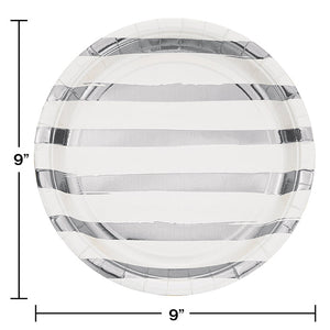 Bulk Pack of 16 White & Silver Foil Striped Paper Plates