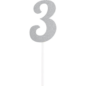 Bulk Pack of 2 Number 3 Silver Glitter Cake Topper