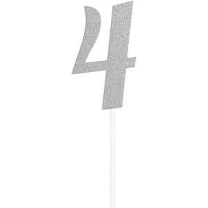 Bulk Pack of 2 Number 4 Silver Glitter Cake Topper